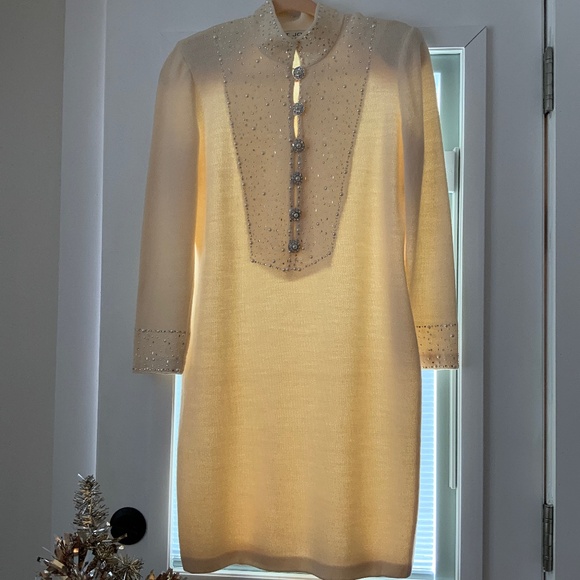 GORGEOUS Vintage St. John Collection IVORY Pearls Sequins Rhinestone Dress 6 - Picture 2 of 15